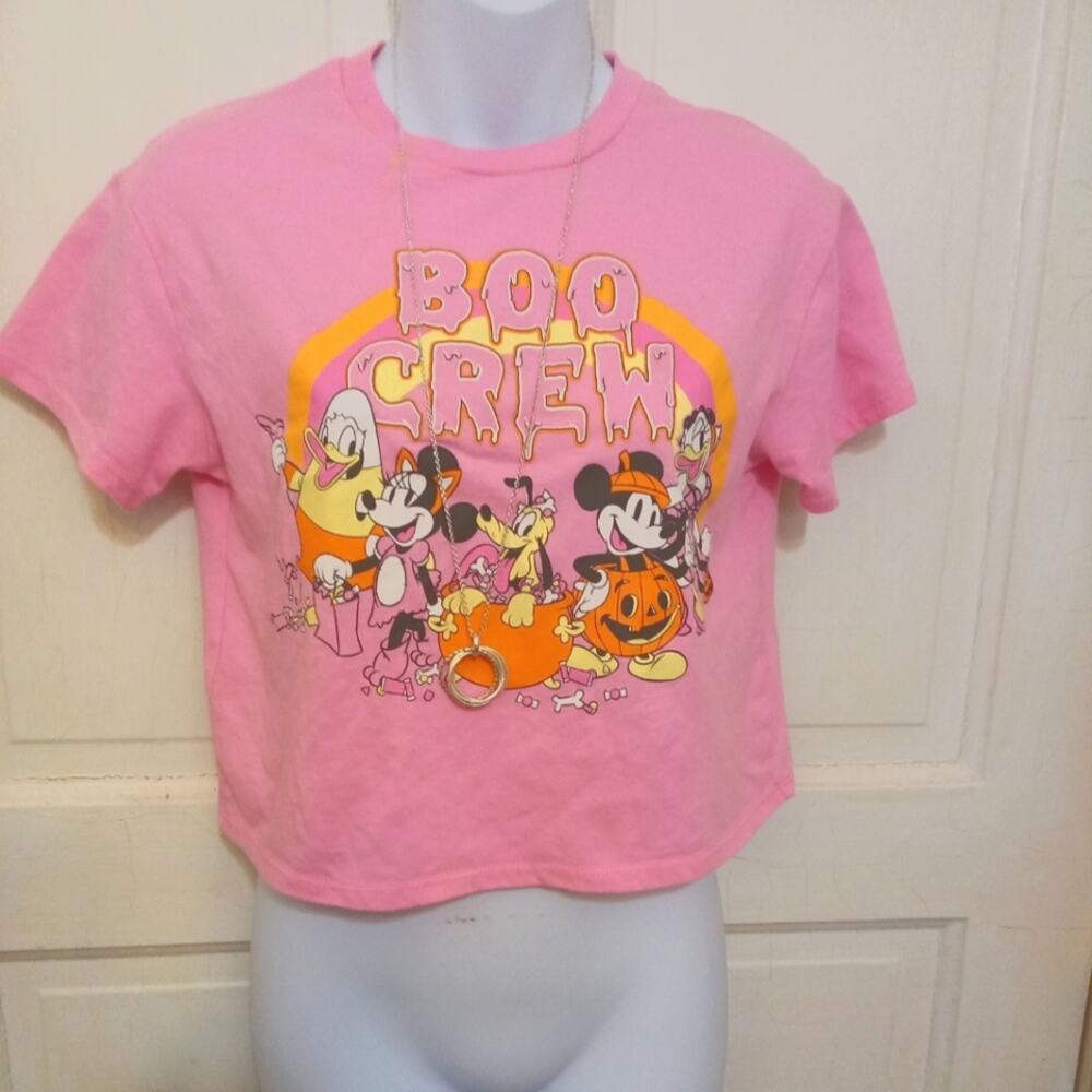 Disney Ladies Pink Mickey Crop T-Shirt Sz Lg - Picture 3 of 5